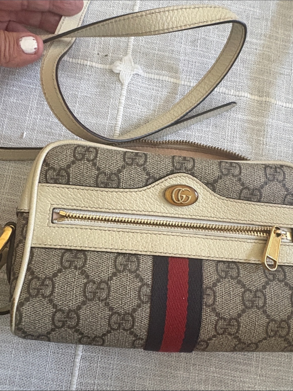 Gucci Beige GG Canvas Crossbody with Red and Blue Web Stripe
